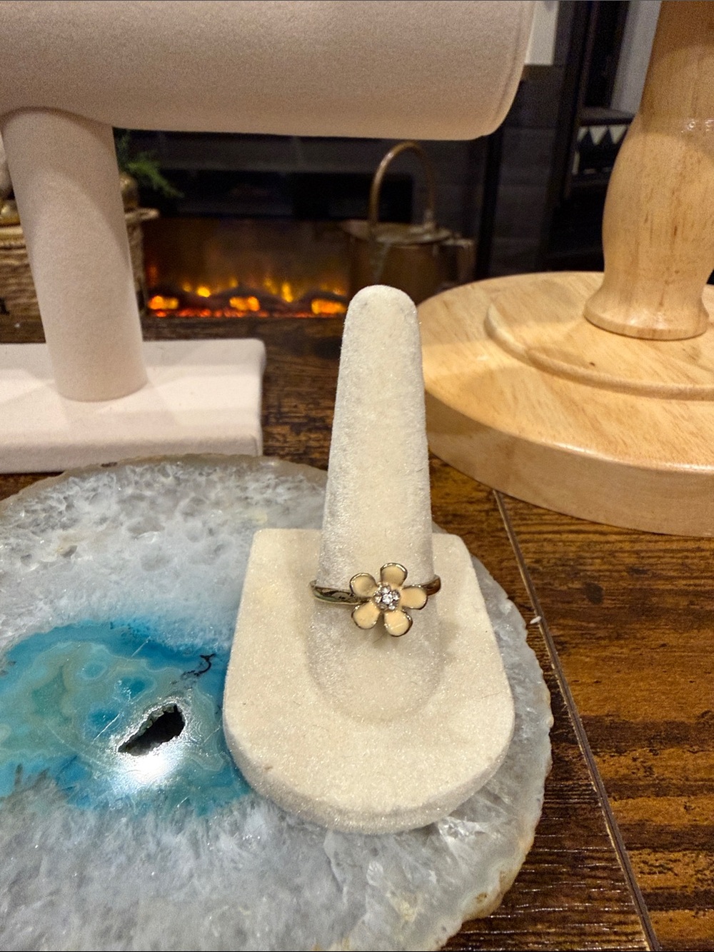 Delicate Cream Flower Ring with Crystal Center